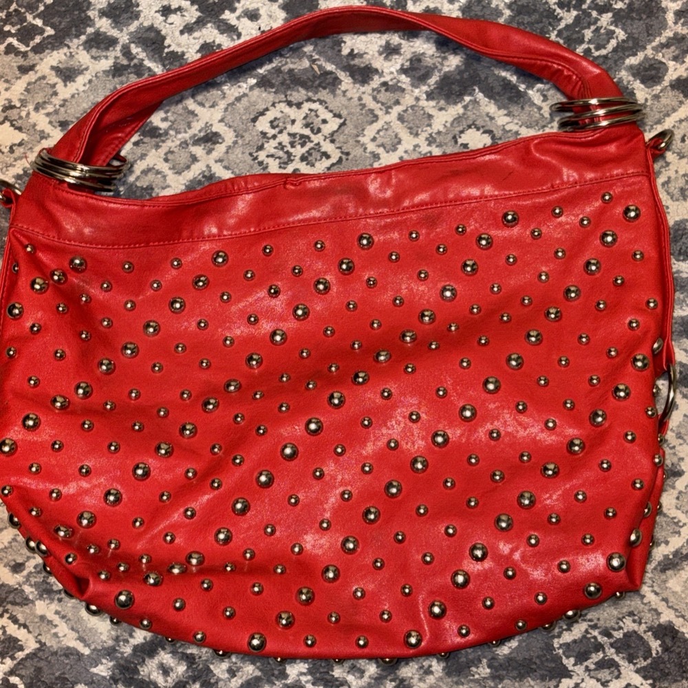 Large Red Rock silver stud Leather Crossbody Bag - Picture 2 of 13